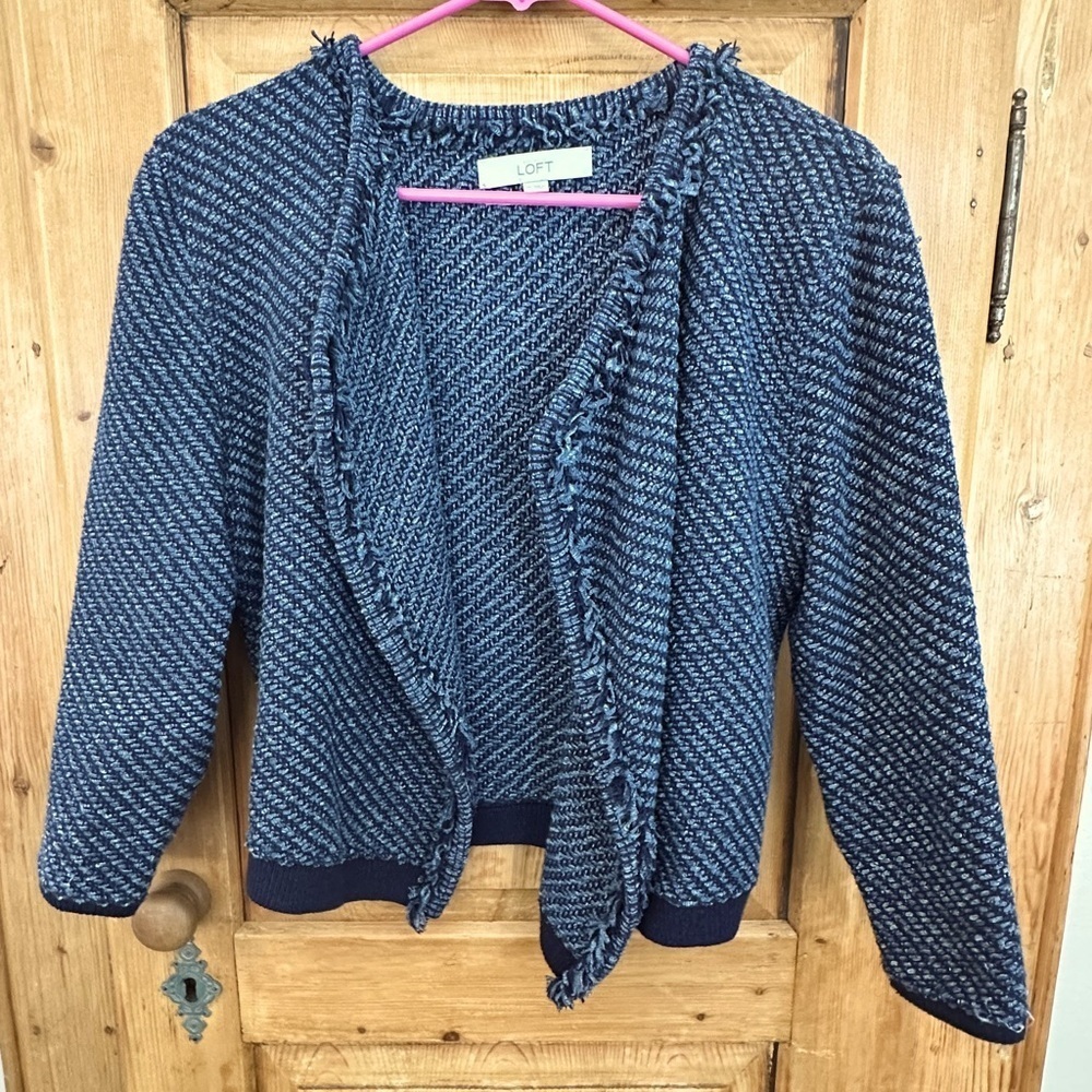 Ann Taylor Loft Boucle Open Front Blue Fluff Edged Trim Cardigan Size Medium